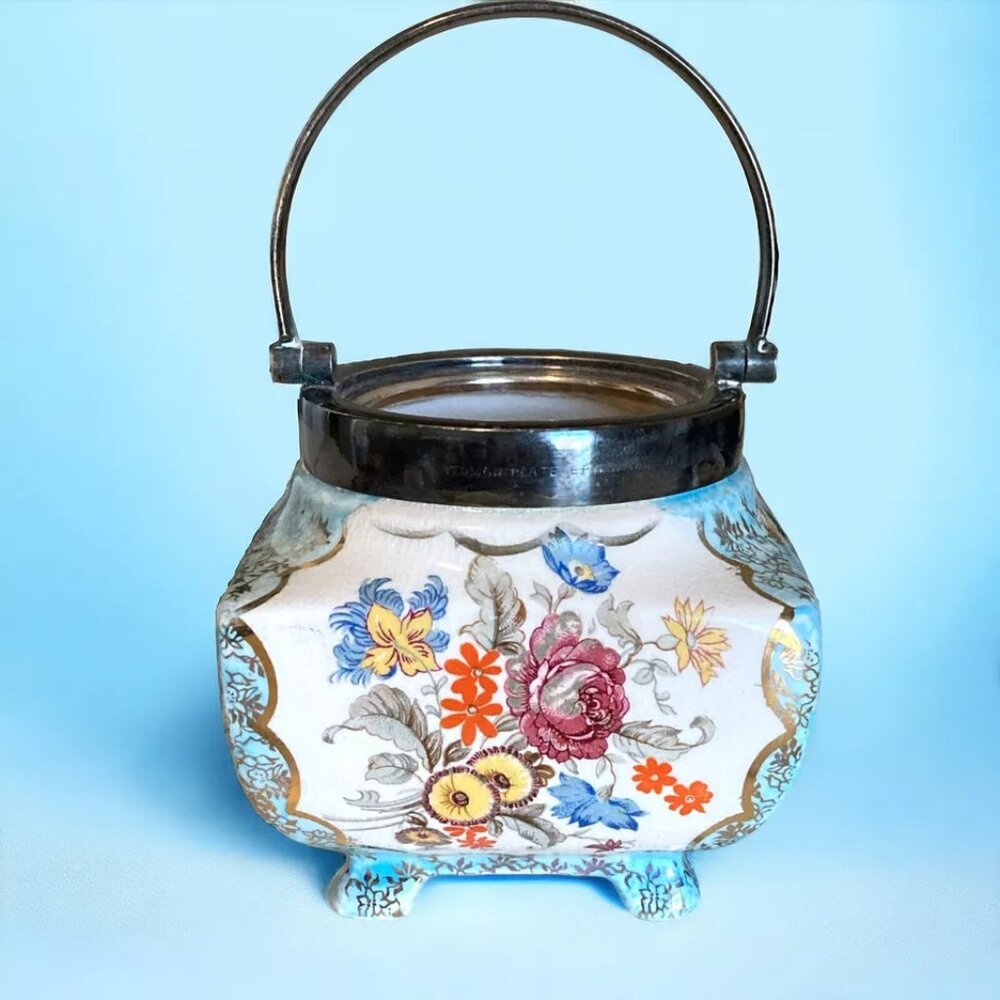 Antique Floral Alice Blue Yeoman Plate, Lancaster and Sandland Porcelain Pot Jar